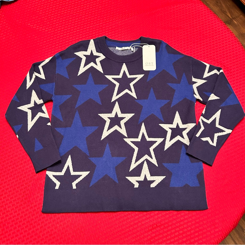 Ost Midnight Navy Star Sweater Women’s Size Medium Gray And Royal Blue Stars Nwt